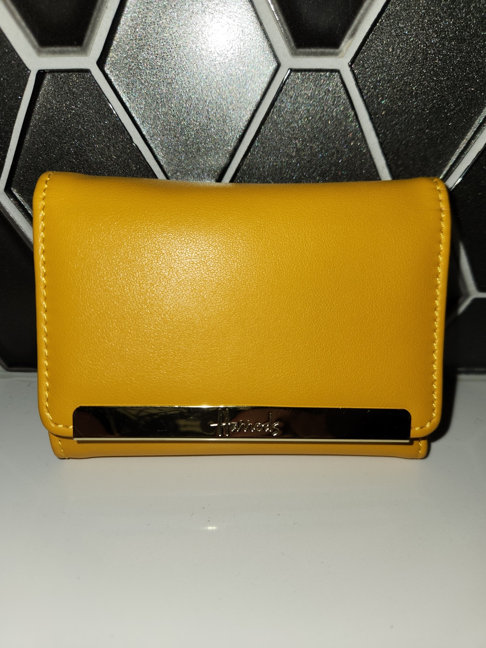 Harrods Mustard Yellow Leather Compact Wallet with Gold Bar